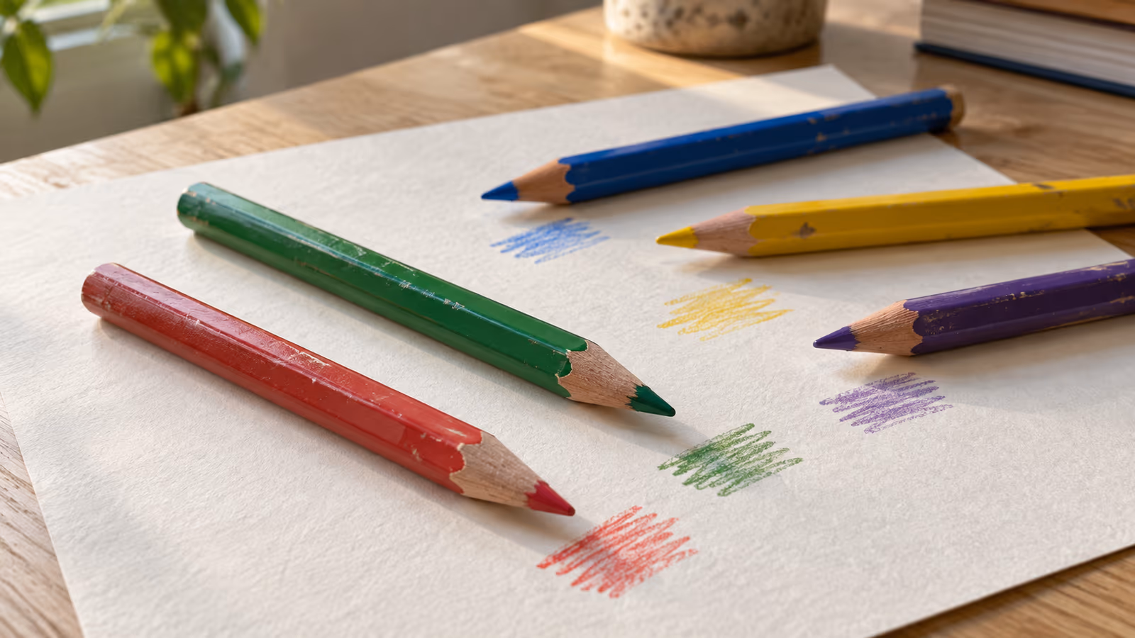 Cena ilustrativa de lápis de cor vermelhos, verdes, azuis, amarelos e roxos sobre papel, com pequenos traços dos mesmos tons. Cena ilustrativa de lápis de cor vermelhos, verdes, azuis, amarelos e roxos sobre papel, com pequenos traços dos mesmos tons.