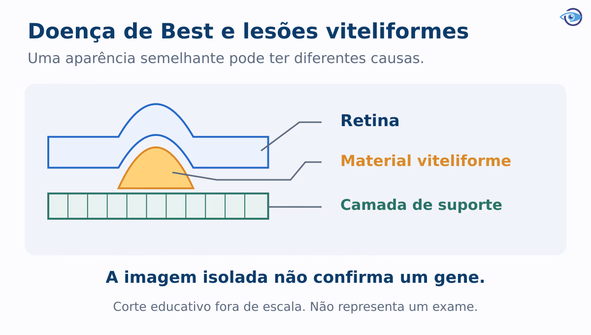 Corte educativo das camadas da mácula com material viteliforme entre os fotorreceptores e sua camada de suporte. Ilustração fora de escala, sem representar um exame real. Corte educativo das camadas da mácula com material viteliforme entre os fotorreceptores e sua camada de suporte. Ilustração fora de escala, sem representar um exame real.