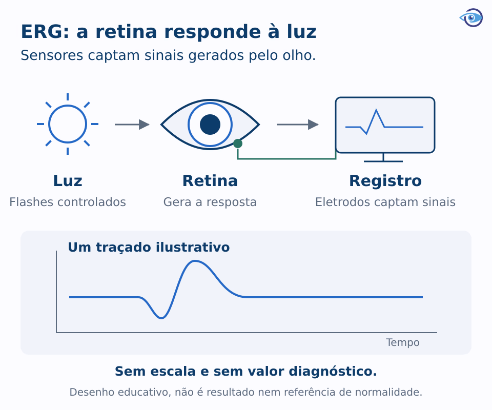 Diagrama educativo mostrando luz que estimula a retina, eletrodos que captam sua resposta e um traçado elétrico ilustrativo, sem representar um resultado clínico. Diagrama educativo mostrando luz que estimula a retina, eletrodos que captam sua resposta e um traçado elétrico ilustrativo, sem representar um resultado clínico.