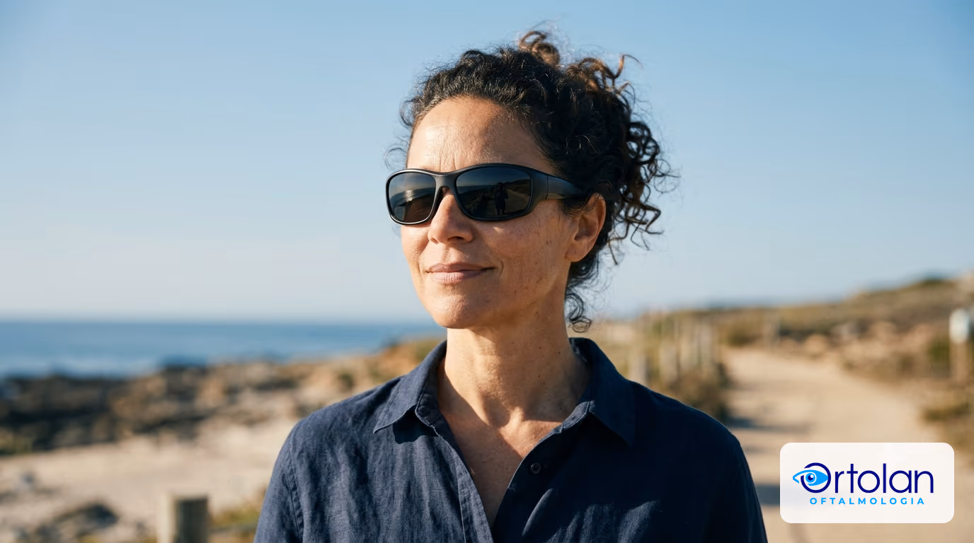 Mulher ao ar livre na praia usando óculos de sol com proteção UV, ilustrando que a proteção solar é o que mais evita a recidiva do pterígio. Mulher ao ar livre na praia usando óculos de sol com proteção UV, ilustrando que a proteção solar é o que mais evita a recidiva do pterígio.