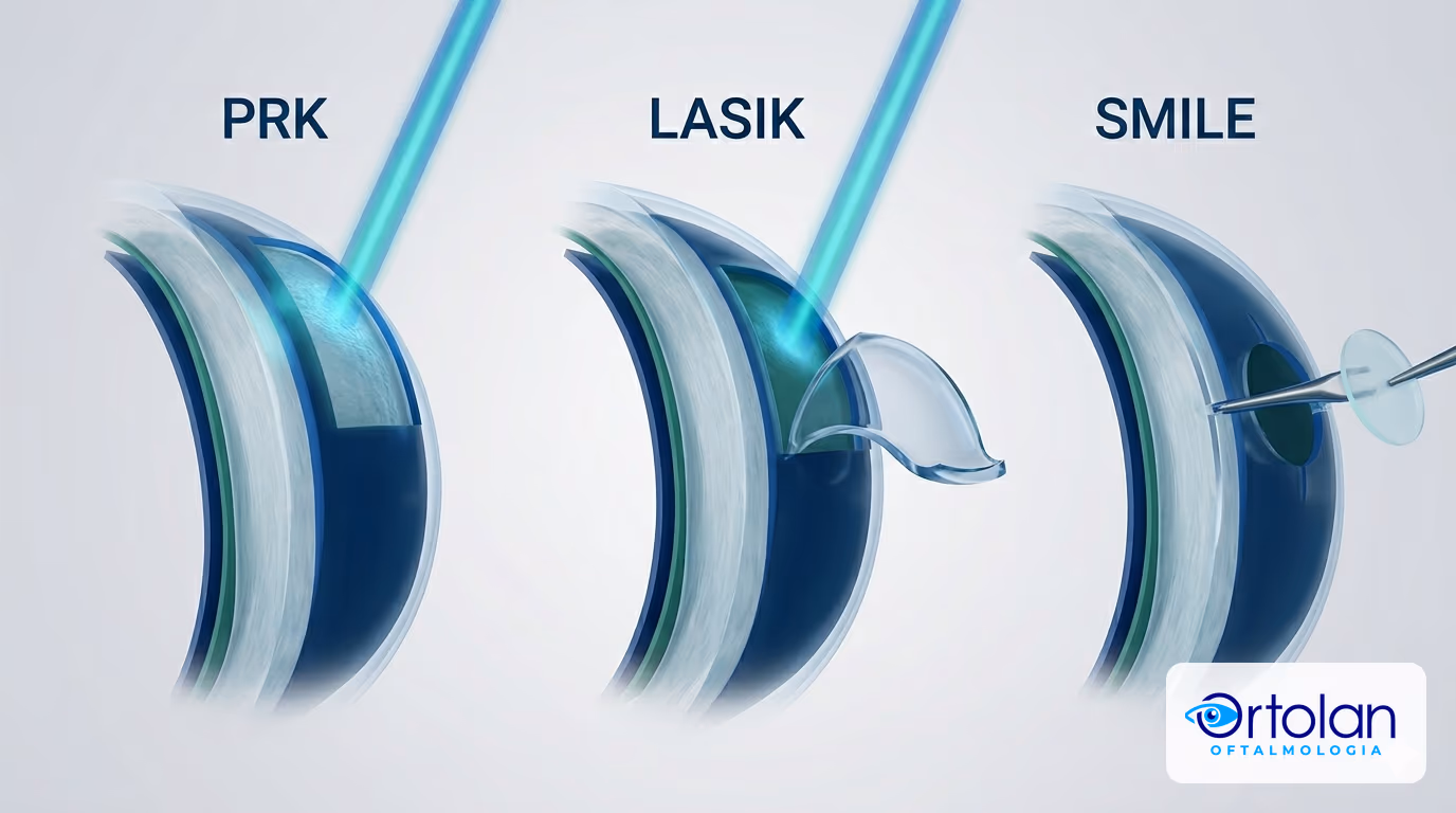 Corte transversal das três técnicas de cirurgia refrativa a laser lado a lado: PRK tratando a superfície, LASIK com o flap levantado e SMILE com o lentículo sendo retirado. Corte transversal das três técnicas de cirurgia refrativa a laser lado a lado: PRK tratando a superfície, LASIK com o flap levantado e SMILE com o lentículo sendo retirado.