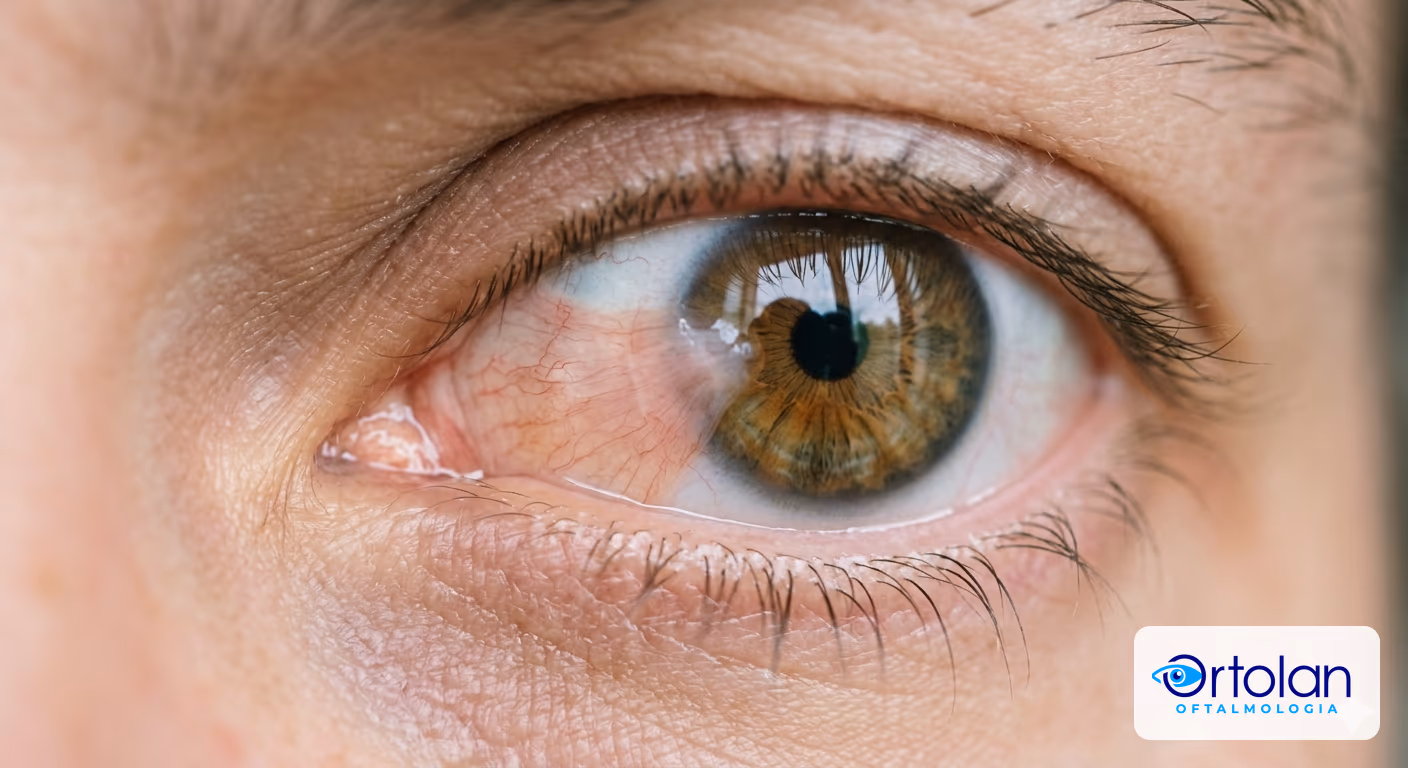 Pterígio nasal crescendo sobre a córnea em forma de asa: close-up clínico mostrando o tecido fibrovascular avançando a partir do canto nasal do olho. Pterígio nasal crescendo sobre a córnea em forma de asa: close-up clínico mostrando o tecido fibrovascular avançando a partir do canto nasal do olho.