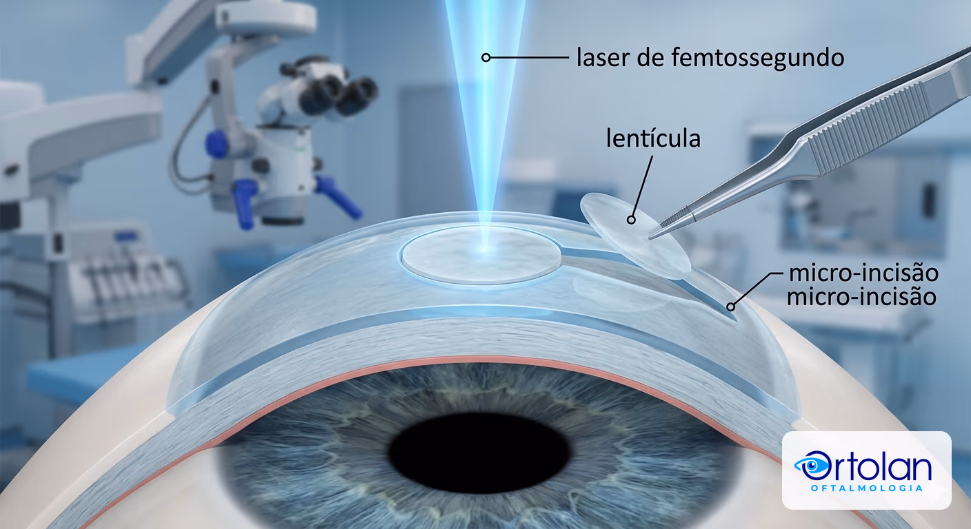 Ilustração em corte transversal da córnea mostrando o lentículo do SMILE sendo extraído por micro-incisão com o laser de femtossegundo, sem criação de flap. Ilustração em corte transversal da córnea mostrando o lentículo do SMILE sendo extraído por micro-incisão com o laser de femtossegundo, sem criação de flap.