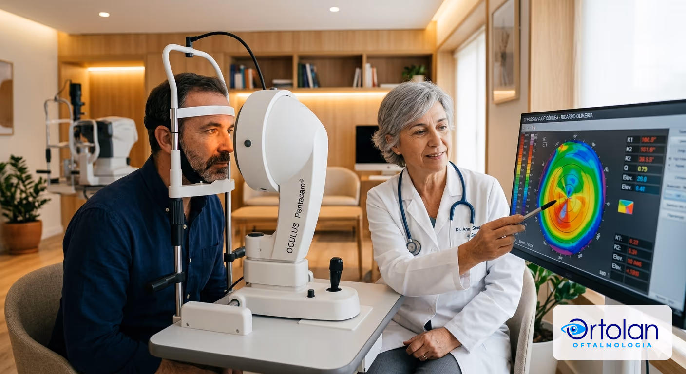 Paciente em consulta de avaliação pré-refrativa no topógrafo de córnea, com a oftalmologista mostrando o mapa da córnea na tela, exame que define se a cirurgia é indicada. Paciente em consulta de avaliação pré-refrativa no topógrafo de córnea, com a oftalmologista mostrando o mapa da córnea na tela, exame que define se a cirurgia é indicada.