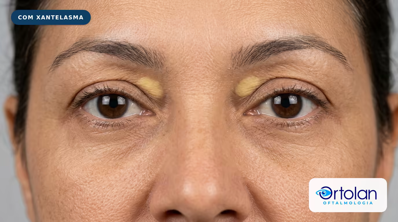 Ilustração do aspecto típico do xantelasma: placas amareladas no canto interno das duas pálpebras superiores. Ilustração do aspecto típico do xantelasma: placas amareladas no canto interno das duas pálpebras superiores.