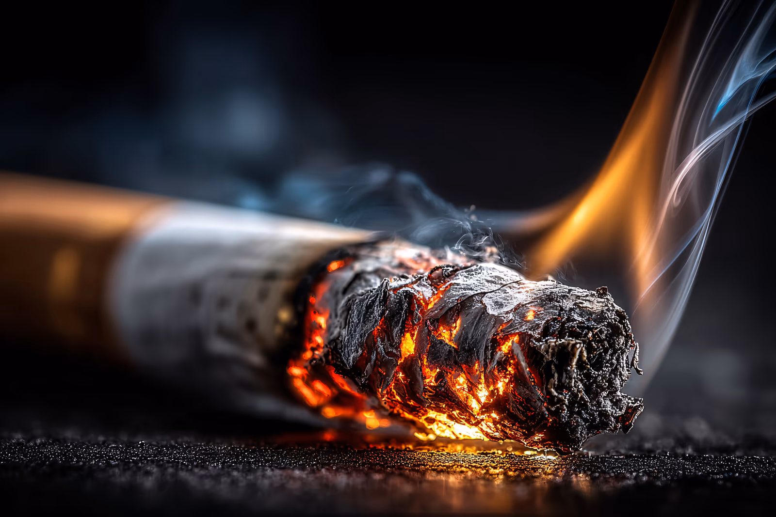 Close-up de um cigarro aceso com a brasa incandescente e a fumaça curvando — o tabagismo afeta diretamente a saúde ocular.