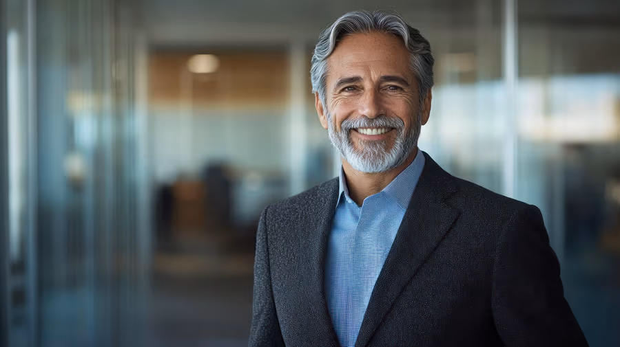 Homem sorridente de terno — vida com mais nitidez e independência após a cirurgia de catarata.