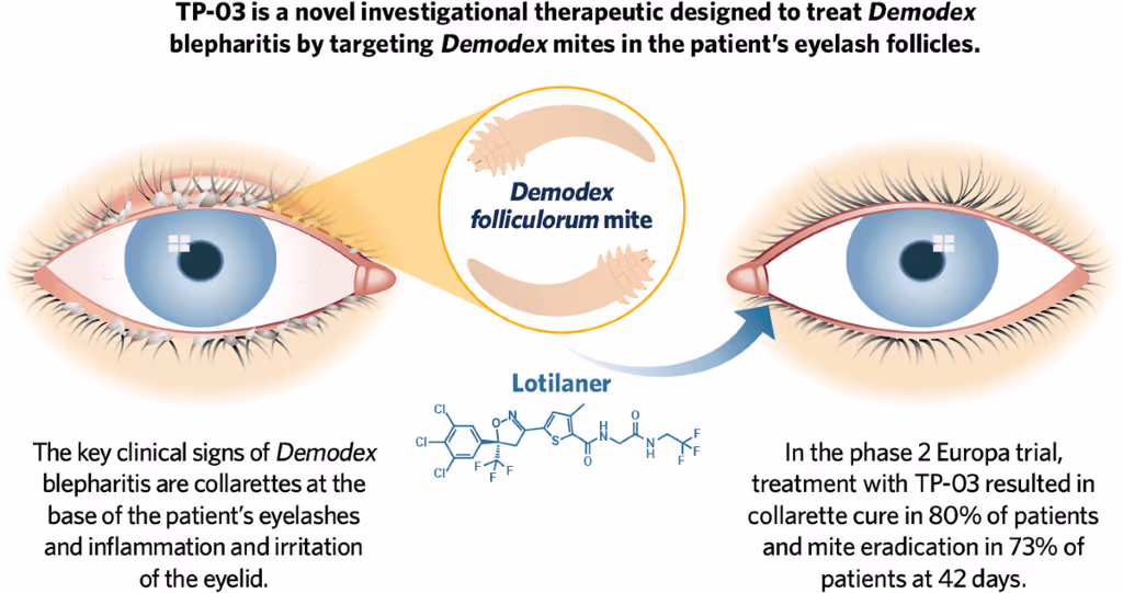 Ação acaricida do colírio com lotilaner (Xdemvy).