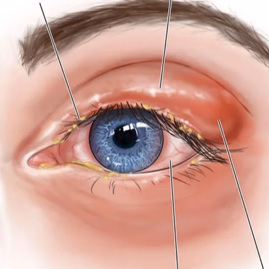Imagem mostrando blefarite em pálpebra superior esquerda, com vermelhidão local, secreção purulenta e olho vermelho, inchaço da pálpebra superior e edema da pálpebra, caspas nos cílios.
